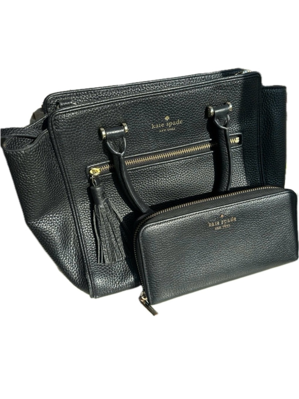 Kate Spade Black Pebbled Leather Tote Bag with Tassel and Matching Wallet EUC